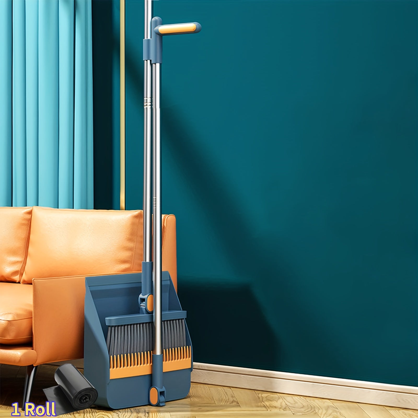 1-Roll Broom and Dustpan Combo Set with Garbage Bags - Heavy-Duty Plastic Construction, Long Handle with Ergonomic Grip & Upright Stand for Hard Floors - Heavy-Duty Sweeper and Mop Alternative for Home, Office, Kitchen, Dorm, RV, Apartment - Space-Saving