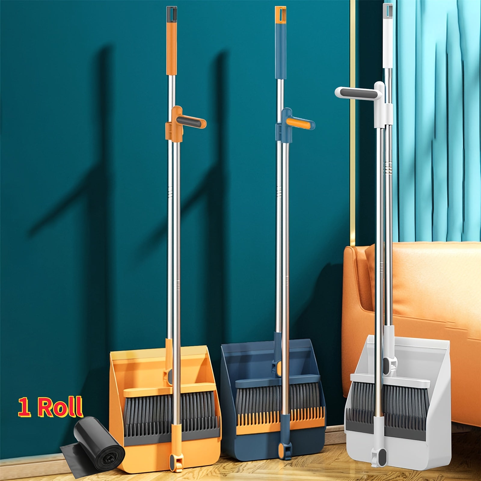 1-Roll Broom and Dustpan Combo Set with Garbage Bags - Heavy-Duty Plastic Construction, Long Handle with Ergonomic Grip & Upright Stand for Hard Floors - Heavy-Duty Sweeper and Mop Alternative for Home, Office, Kitchen, Dorm, RV, Apartment - Space-Saving