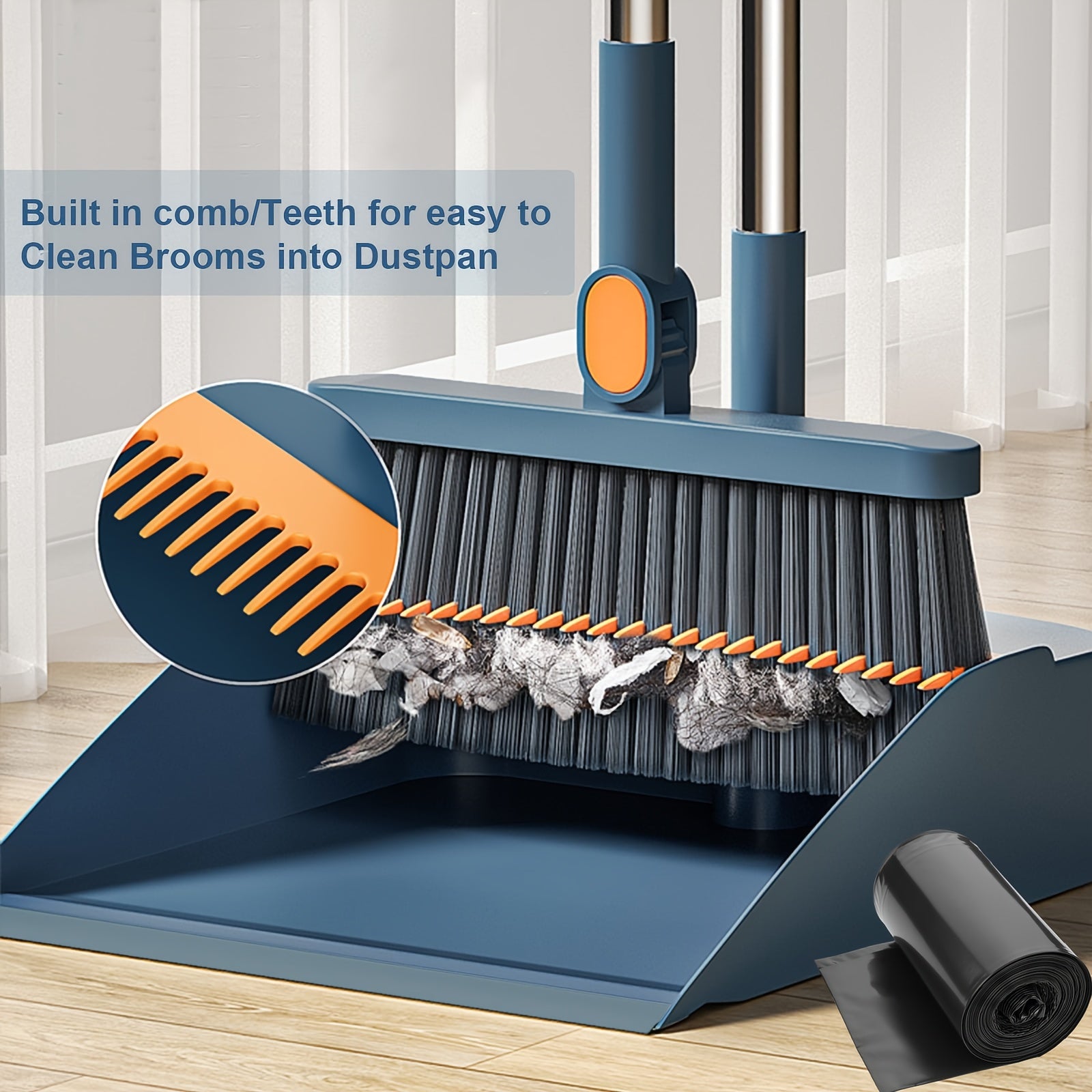 1-Roll Broom and Dustpan Combo Set with Garbage Bags - Heavy-Duty Plastic Construction, Long Handle with Ergonomic Grip & Upright Stand for Hard Floors - Heavy-Duty Sweeper and Mop Alternative for Home, Office, Kitchen, Dorm, RV, Apartment - Space-Saving