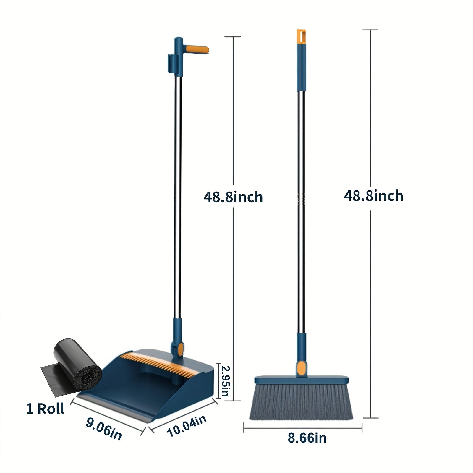 1-Roll Broom and Dustpan Combo Set with Garbage Bags - Heavy-Duty Plastic Construction, Long Handle with Ergonomic Grip & Upright Stand for Hard Floors - Heavy-Duty Sweeper and Mop Alternative for Home, Office, Kitchen, Dorm, RV, Apartment - Space-Saving