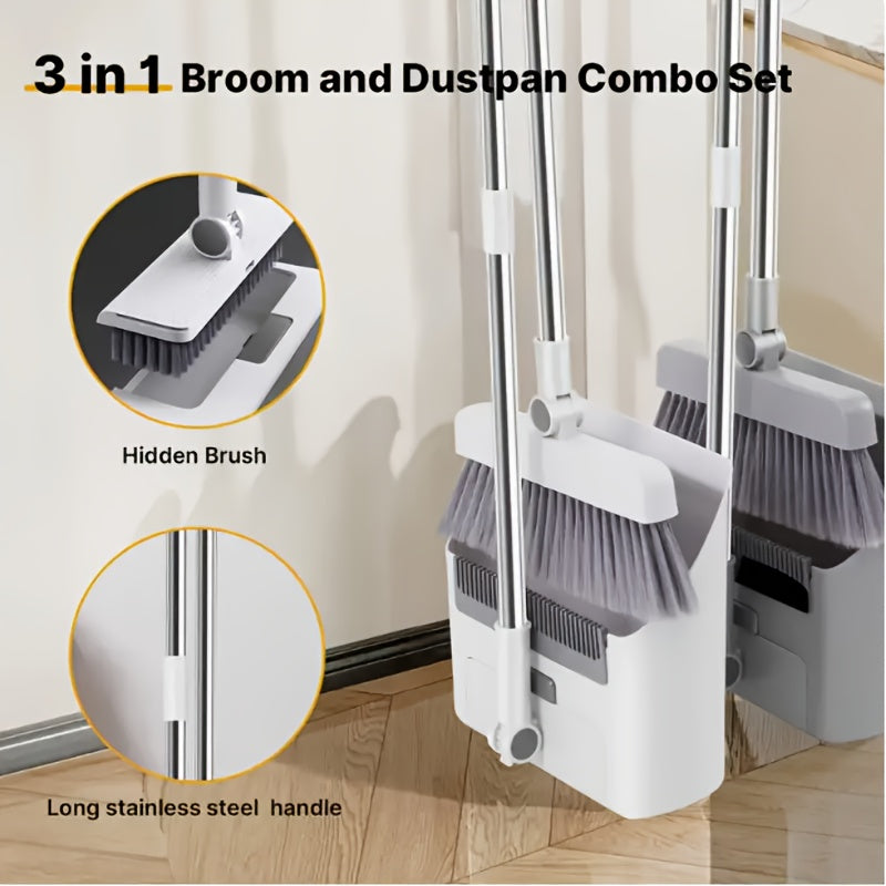 1pc 3-in-1 Broom, Dustpan & Floor Brush Set - Heavy-duty, Long-handled, for Efficient Cleaning In Bedrooms, Bathrooms, Kitchens, Living Rooms And Outdoors