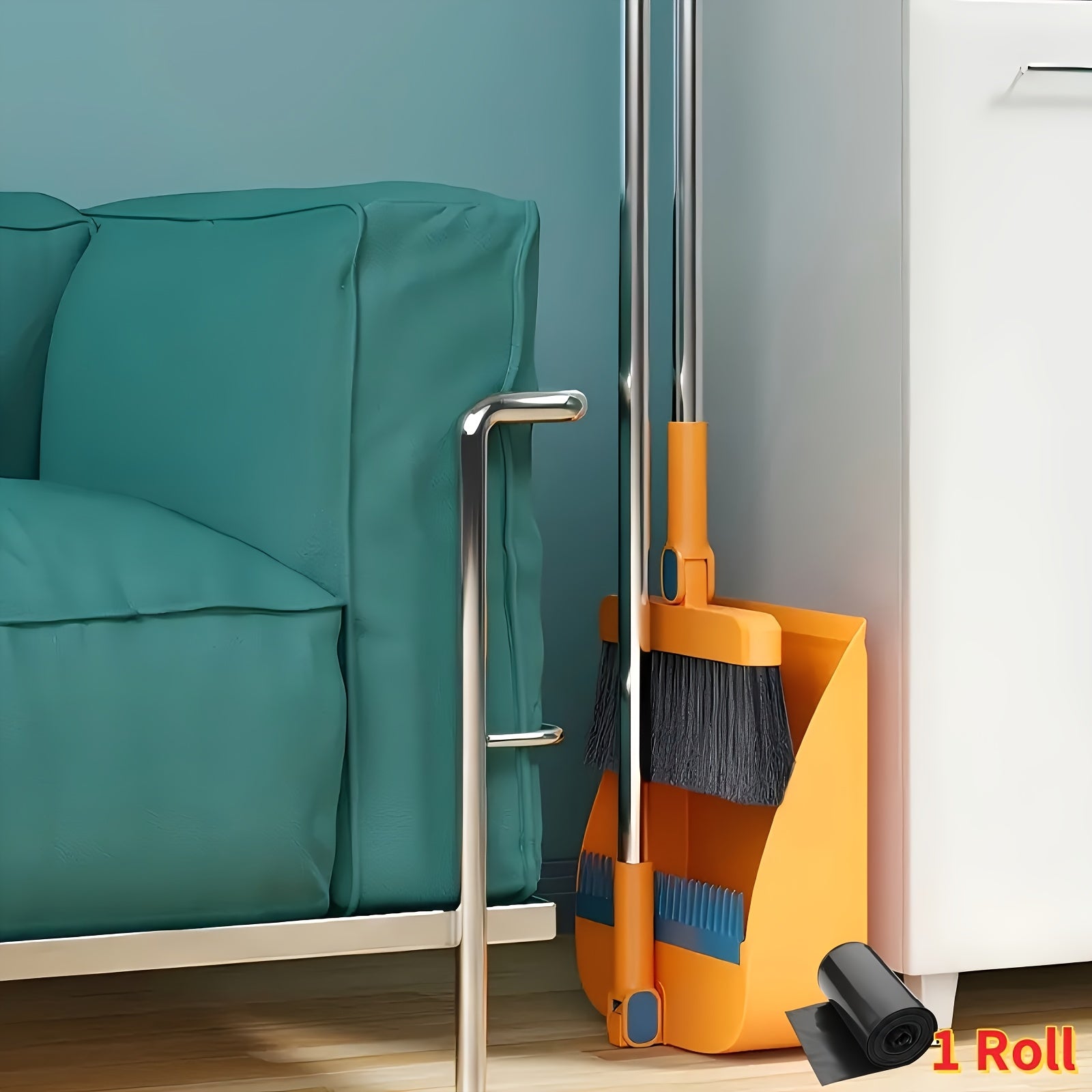1-Roll Broom and Dustpan Combo Set with Garbage Bags - Heavy-Duty Plastic Construction, Long Handle with Ergonomic Grip & Upright Stand for Hard Floors - Heavy-Duty Sweeper and Mop Alternative for Home, Office, Kitchen, Dorm, RV, Apartment - Space-Saving