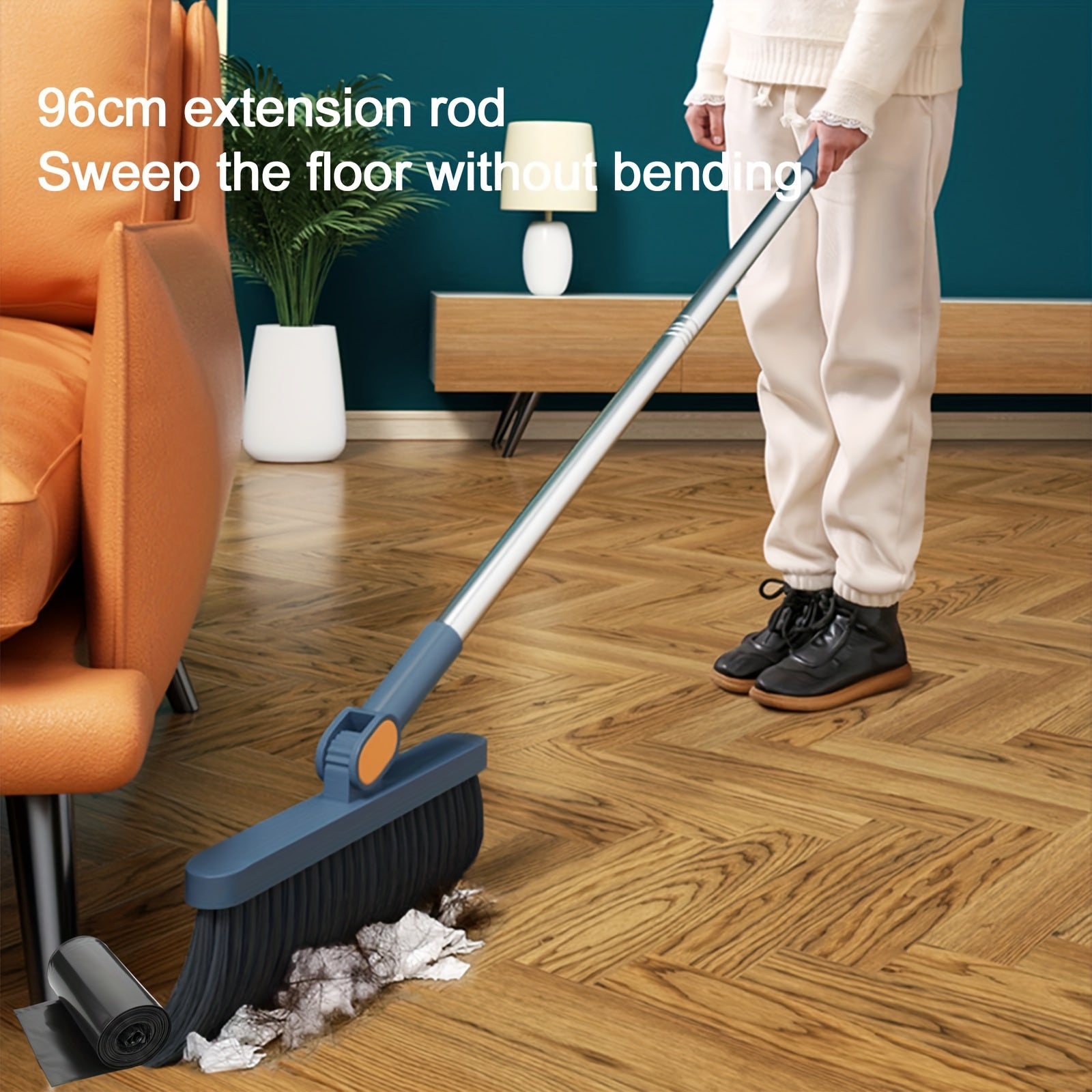 1-Roll Broom and Dustpan Combo Set with Garbage Bags - Heavy-Duty Plastic Construction, Long Handle with Ergonomic Grip & Upright Stand for Hard Floors - Heavy-Duty Sweeper and Mop Alternative for Home, Office, Kitchen, Dorm, RV, Apartment - Space-Saving