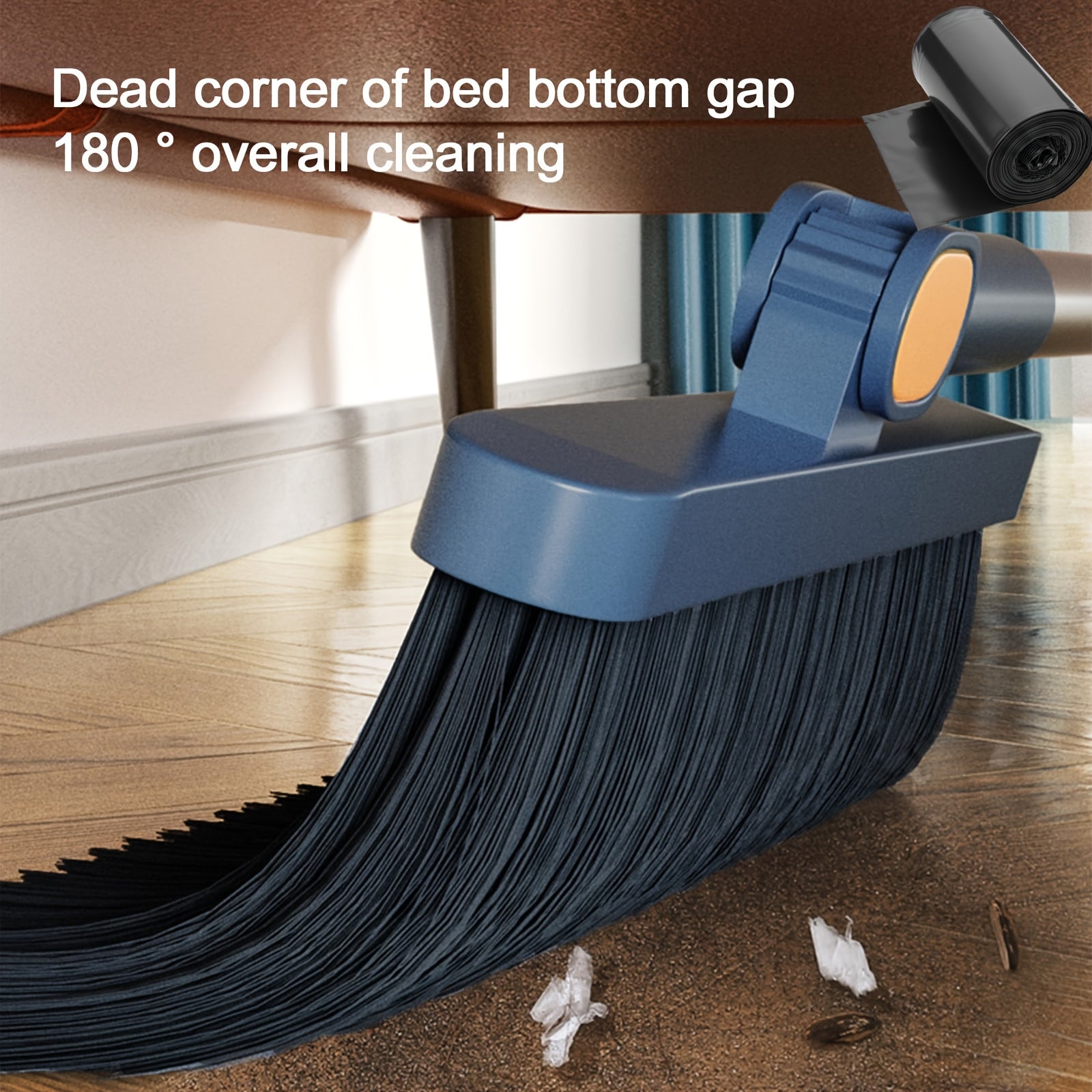 1-Roll Broom and Dustpan Combo Set with Garbage Bags - Heavy-Duty Plastic Construction, Long Handle with Ergonomic Grip & Upright Stand for Hard Floors - Heavy-Duty Sweeper and Mop Alternative for Home, Office, Kitchen, Dorm, RV, Apartment - Space-Saving