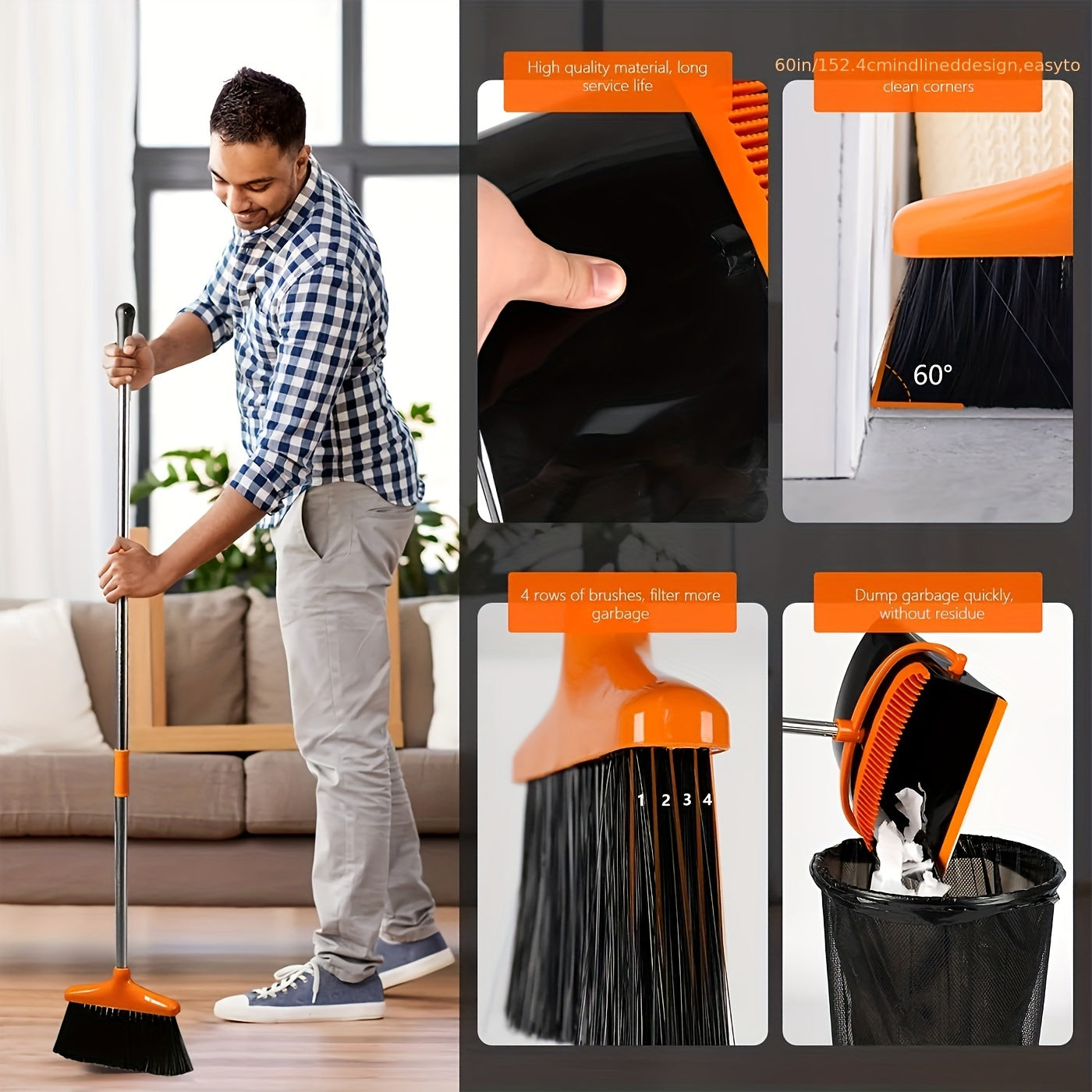 1pc Broom And Dustpan Set, Household Broom Cleaning for Office Home Kitchen Lobby Floor Use, Upright Standing Dustpan Broom Set 36in-49in